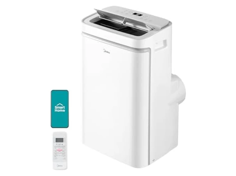 美的14,000 BTU ASHRAE标准下的便携式空调（SACC标准下为10,000 BTU），可冷却450平方英尺的面积。该空调具备除湿功能、风扇模式以及制热功能，可通过遥控器或Amazon Alexa、Google Assistant进行控制。型号为MAP10HS1XWT-A。