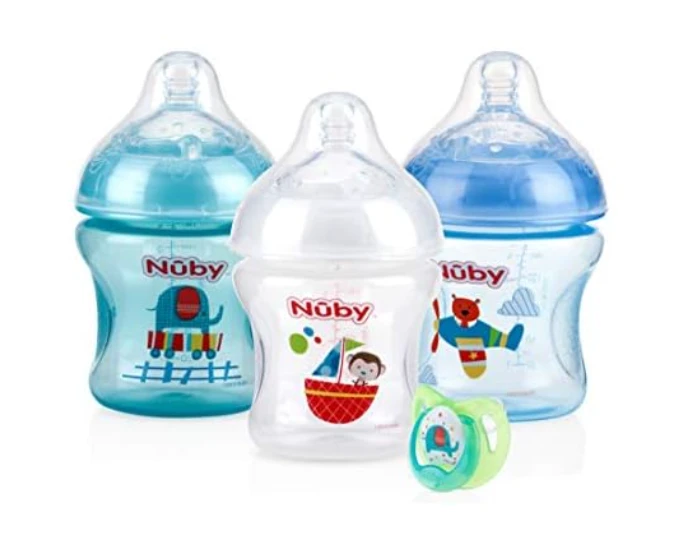 Nuby自然触感三支装奶瓶，配有缓流奶嘴，另附一个正畸安抚奶嘴