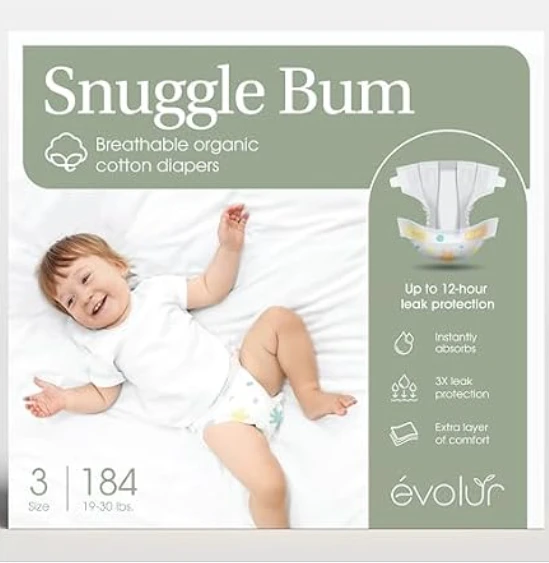 Evolur Snuggle Bum婴儿纸尿裤，3号尺寸，共184片，适合体重在19磅至30磅之间的婴幼儿使用。该纸尿裤具有超强的吸水能力，能够保持干燥状态，持续时间可达12小时。