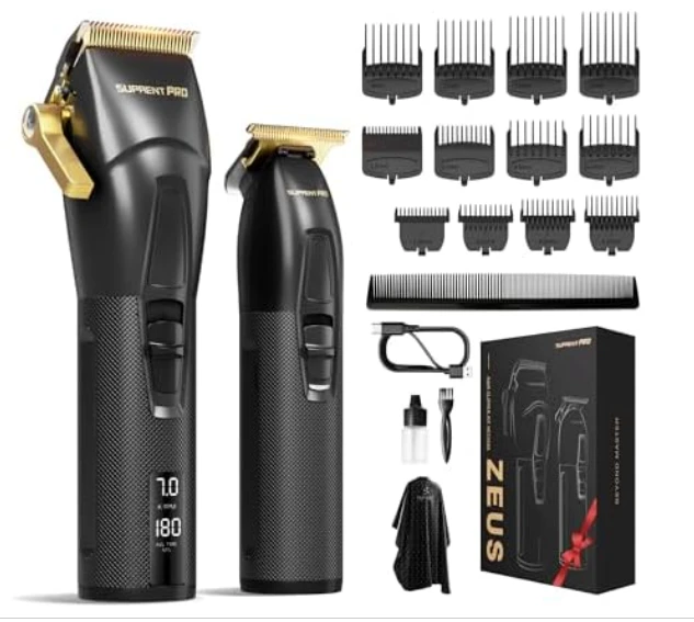 SUPRENT PRO专业男士用理发器——采用USB-C接口充电，具备5V升压技术，为无线式理发器；配有LED显示屏，颜色为黑色。