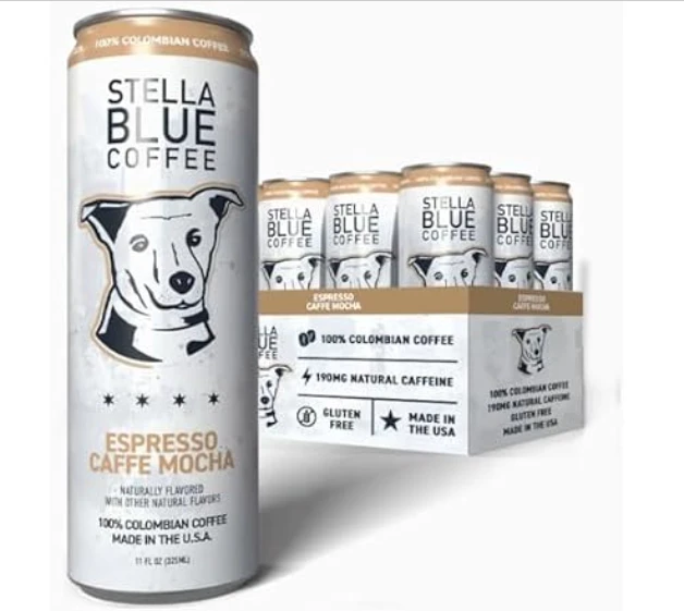 Stella Blue浓缩咖啡摩卡罐装饮料，即饮型咖啡能量饮品，100%哥伦比亚咖啡制成，含有190毫克天然咖啡因，不含麸质，且是优质的蛋白质来源。每罐容量为11盎司，共12罐装。